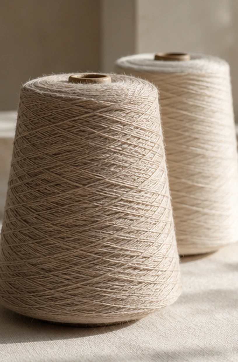Two cones of beige yarn